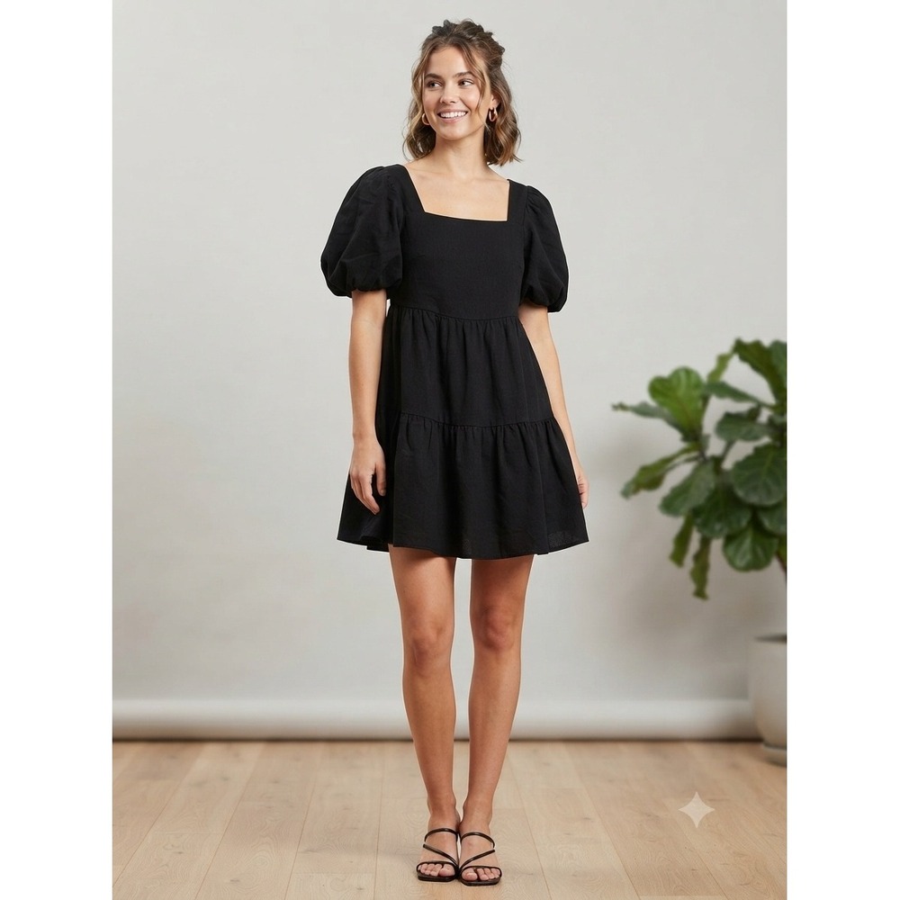 Princess Polly Black Tiered Mini Baby Doll Dress Puff Sleeve Tie Back Size 4 EUC